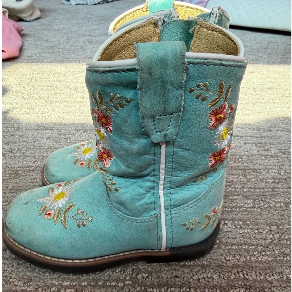Smoky Mountain Boots Toddler Girls Turquoise Leather Floral Daisy Western Size 7